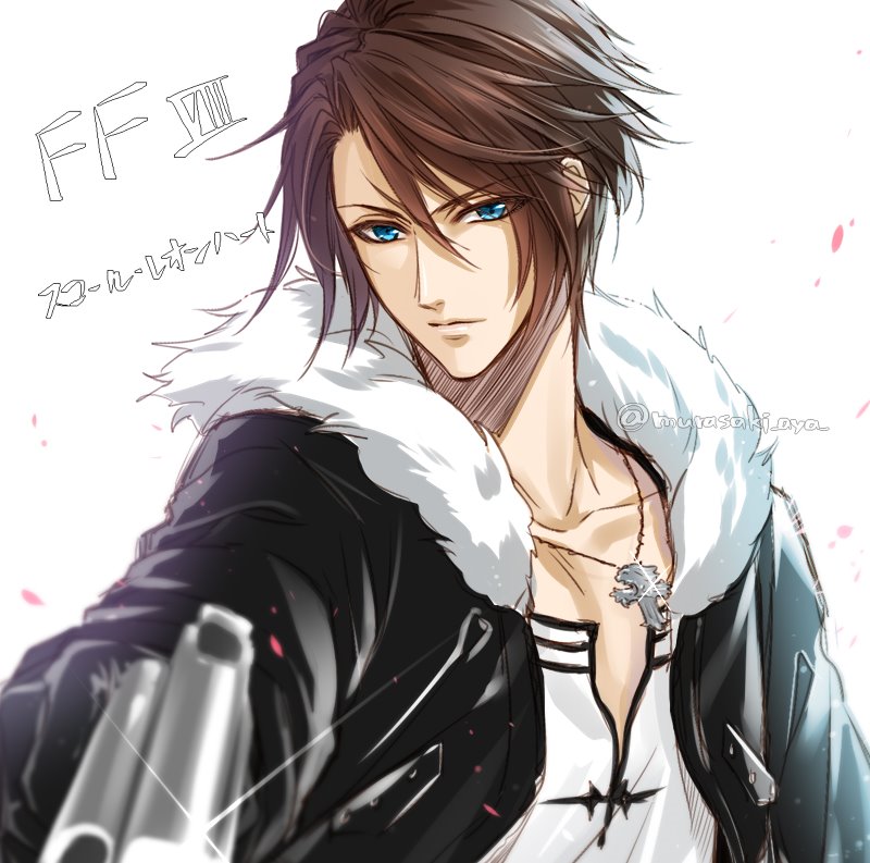 1boy, bishounen, black_gloves, black_jacket, blue_eyes, brown_hair, character_name, commentary_request, copyright_name, expressionless, falling_petals, final_fantasy, final_fantasy_viii, foreshortening, fur-trimmed_jacket, fur_trim, gloves, gun, hand_up, holding, holding_gun, holding_weapon, jacket, jewelry, long_sleeves, male_focus, murasaki_aya, necklace, open_clothes, open_jacket, petals, scar, scar_on_face, shirt, short_hair, solo, squall_leonhart, translated, twitter_username, upper_body, v-neck, weapon, white_background, white_shirt