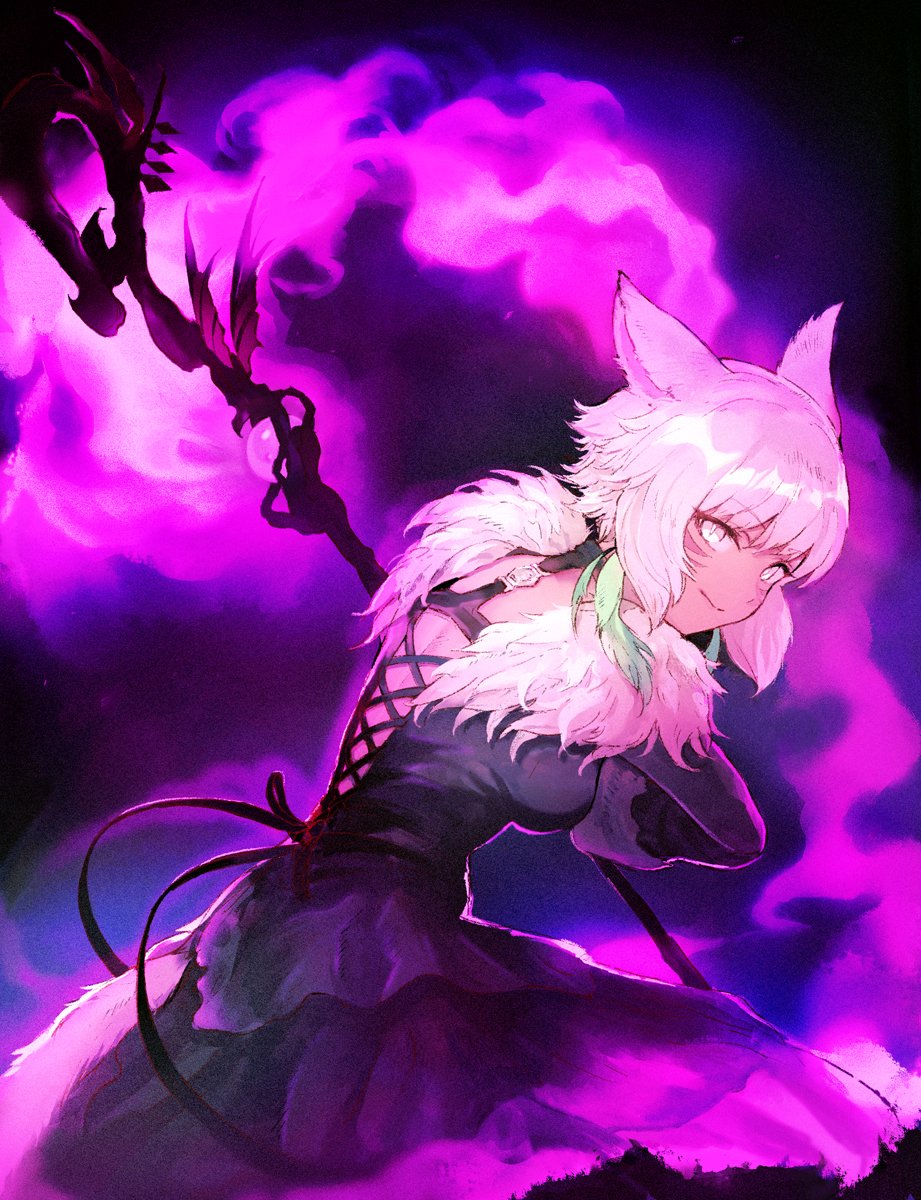 1girl, animal_ears, black_dress, breasts, cat_ears, closed_mouth, commentary, dark-skinned_female