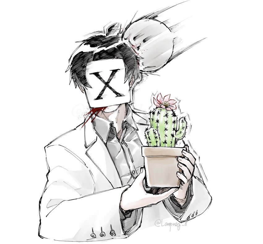1boy, ayin_(project_moon), ball, black_hair, bowling_ball, cactus, coat, collared_shirt, facing_viewer, highres, holding, lab_coat, lamprey_8, lobotomy_corporation, long_sleeves, paper_on_head, project_moon, shirt, simple_background, solo, upper_body, white_background, white_coat, x_(project_moon)