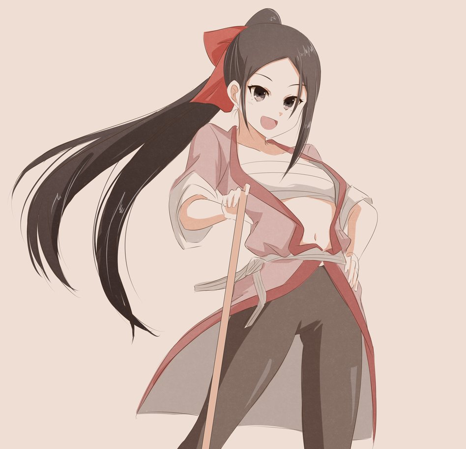 1girl, :d, asymmetrical_sidelocks, black_hair, black_pants, bow, breasts, broom, chest_sarashi, commentary_request, contrapposto, en_(nue_no_onmyouji), forehead, grey_eyes, hair_bow, hakama, hand_on_own_hip, high_ponytail, holding, holding_broom, inukeru, japanese_clothes, kimono, long_hair, navel, nue_no_onmyouji, obi, open_clothes, open_kimono, open_mouth, pants, parted_bangs, pink_background, ponytail, red_bow, red_kimono, sarashi, sash, short_kimono, sidelocks, simple_background, sleeves_rolled_up, small_breasts, smile, solo, standing, tight_clothes, tight_pants, white_sash
