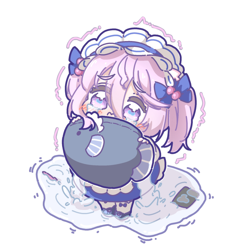 1girl, alternate_costume, apron, azur_lane, blue_ribbon, blush, chibi, crying, enmaided, flasher_(azur_lane), flasher_(tearjerking_service)_(azur_lane), hair_ribbon, hands_up, highres, holding, holding_stuffed_toy, long_bangs, maid, maid_headdress, motion_lines, nijiiro_diary, official_alternate_costume, puddle, purple_eyes, purple_hair, ribbon, simple_background, solo, standing, streaming_tears, stuffed_animal, stuffed_toy, tears, trembling, two_side_up, wavy_eyes, wavy_mouth, white_apron, white_background