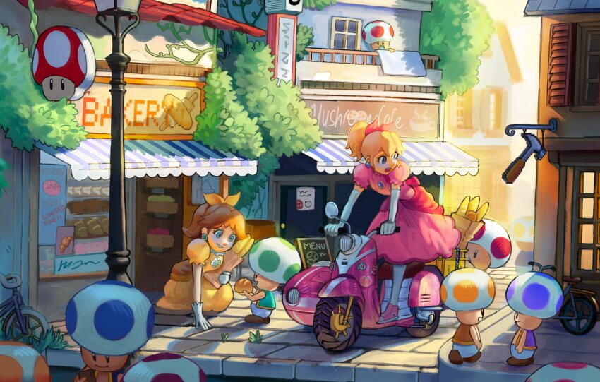 2girls, absurdres, bag, baguette, bakery, bicycle, blonde_hair, blue_toad_(mario)