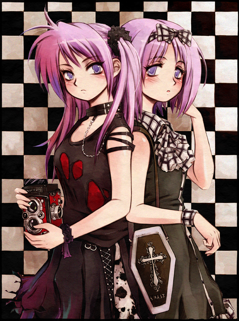 2girls, alternate_costume, back-to-back, bag, bare_shoulders, black_choker, black_dress, black_shirt