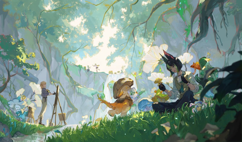2boys, 2girls, :d, absurdres, albedo_(genshin_impact), albedo_(m&amp;g)_(genshin_impact), animal_ear_fluff, animal_ears, aqua_eyes, bird, black_gloves, black_hair, black_pants, blue_shirt, blurry, blurry_foreground, boar, braid, brown_vest, bug, buttons, canvas_(object), chinese_commentary, cliff, closed_eyes, collared_shirt, collei_(genshin_impact), commentary_request, crystalfly_(genshin_impact), day, drawing_(object), easel, flower, forest, fox_ears, fox_tail, fungi_(genshin_impact), genshin_impact, gloves, grass, green_eyes, green_hair, grey_pants, grounded_geoshroom_(genshin_impact), grounded_hydroshroom_(genshin_impact), guaishengyin, hair_between_eyes, half_updo, hands_up, highres, holding, holding_mushroom, holding_notepad, holding_paint_palette, holding_paintbrush, light_brown_hair, long_sleeves, male_focus, medium_hair, mouth_hold, multicolored_hair, multiple_boys, multiple_girls, mushroom, nature, notepad, official_alternate_costume, on_ground, open_mouth, outdoors, oversized_flower, paint_palette, paintbrush, pants, paper, plant_roots, running, scenery, shirt, short_hair, shroomboar_(genshin_impact), sidelocks, sitting, sleeves_rolled_up, smile, standing, starshroom_(genshin_impact), streaked_hair, stream, striped_clothes, striped_pants, sucrose_(genshin_impact), tail, tassel, teeth, tighnari_(genshin_impact), tighnari_(m&amp;g)_(genshin_impact), tree, u_u, upper_teeth_only, vertical-striped_clothes, vertical-striped_pants, vest, watch, water, white_flower, white_shirt, wing_collar, wristwatch