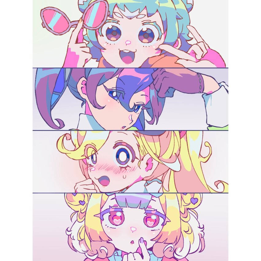 4girls, :3, :d, blonde_hair, blue_eyes, blue_hair, blunt_bangs, blush