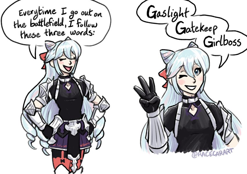 1boy, androgynous, blue_hair, cone_hair_bun, double_bun, drill_hair, english_text, fire_emblem, fire_emblem_engage, hair_bun, hair_horns, highres, light_blue_hair, nintendo, racecar_(racecarart), rosado_(fire_emblem), speech_bubble, trap