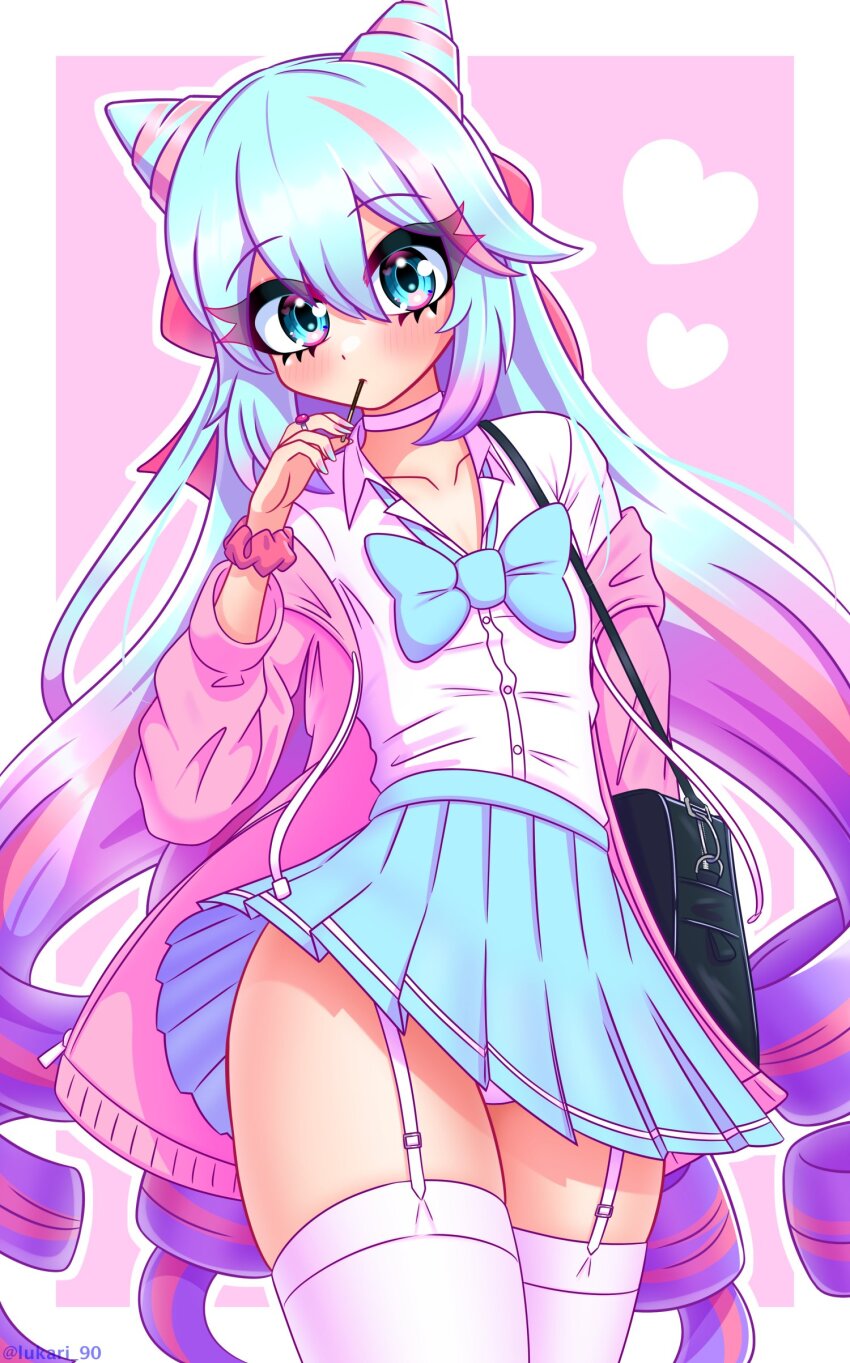 1boy, absurdres, alternate_costume, androgynous, bag, blue_bow, blue_eyes, blue_hair, blue_nails, blue_skirt, bow, choker, cone_hair_bun, double_bun, drill_hair, fire_emblem, fire_emblem_engage, hair_bun, hair_horns, handbag, highres, legwear_garter, light_blue_hair, looking_at_viewer, lukari, multicolored_hair, nail_polish, nintendo, panties, pantyshot, pink_choker, pink_hair, pink_scrunchie, rosado_(fire_emblem), scrunchie, skirt, solo, streaked_hair, thighhighs, trap, underwear, upskirt, white_panties