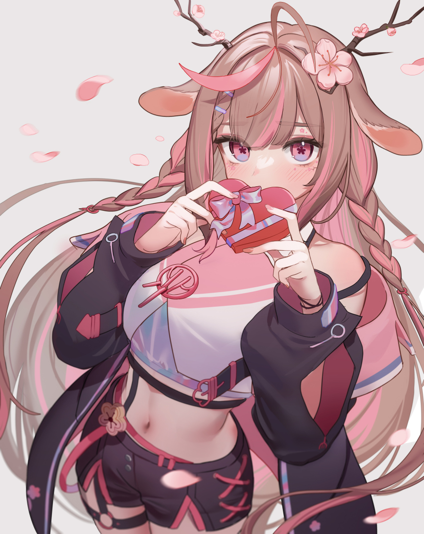 1girl, absurdres, ahoge, animal_ears, antlers, black_jacket, black_shorts, blue_eyes