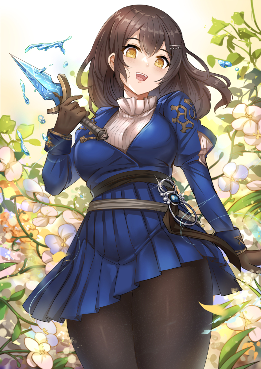 breasts, brown_dust_(series), brown_dust_2, brown_hair, dagger, embroidery, flower, gloves