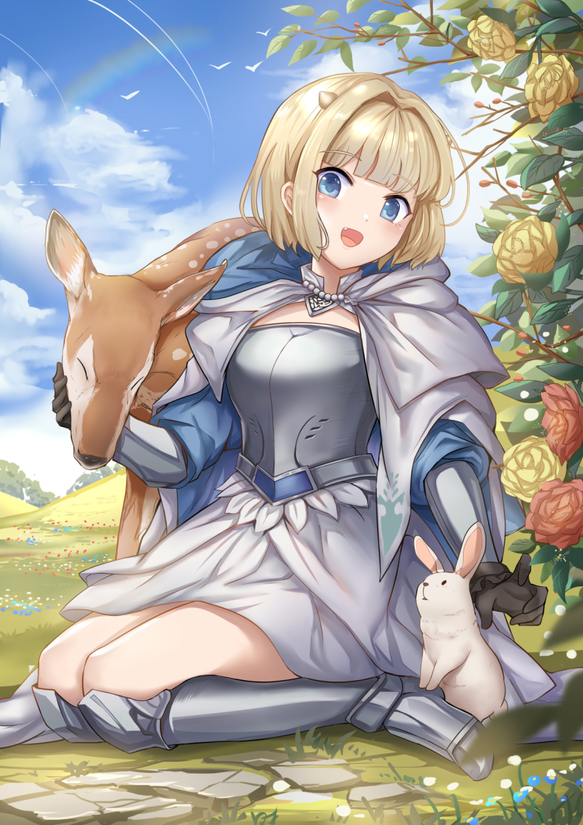 1girl, armor, bird, blonde_hair, blue_eyes, brown_dust_(series), brown_dust_2, chest_armor, cloak, cloud, cobblestone, deer, fang, flower, gloves, greaves, highres, hill, justia_(brown_dust), justia_(white_reaper)_(brown_dust), petting, rabbit, rainbow, seiza, short_hair, sitting, small_horns, tree, vambraces, yougenko
