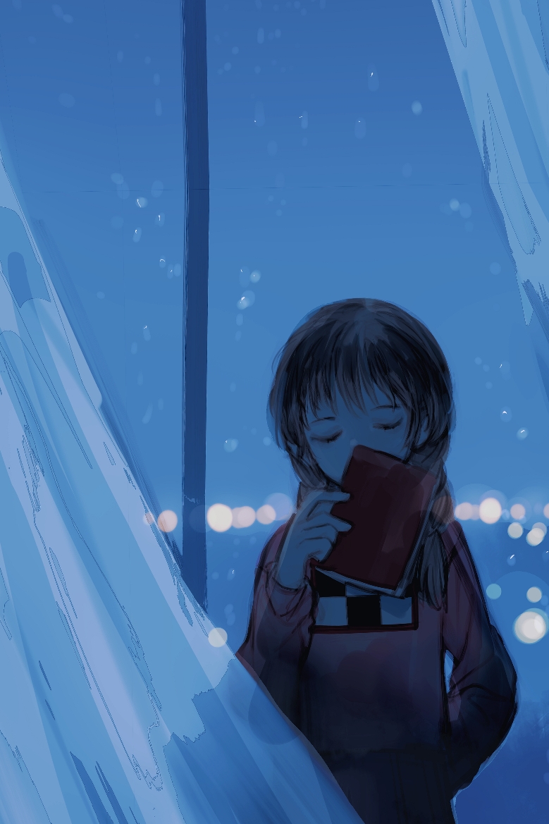 1girl, arm_behind_back, blue_theme, book, braid, brown_hair, closed_eyes, commentary_request