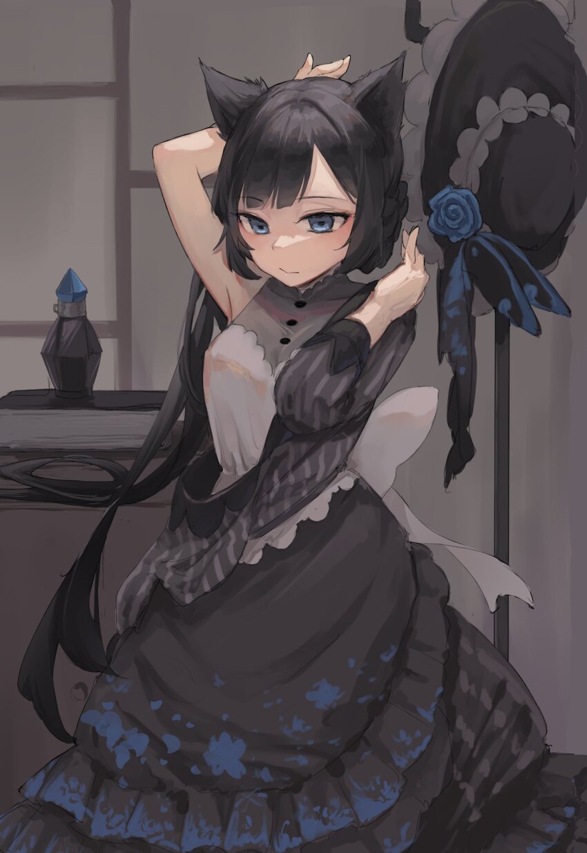 1girl, animal_ears, black_hair, black_headwear, black_skirt, blue_eyes, blue_flower, blue_rose
