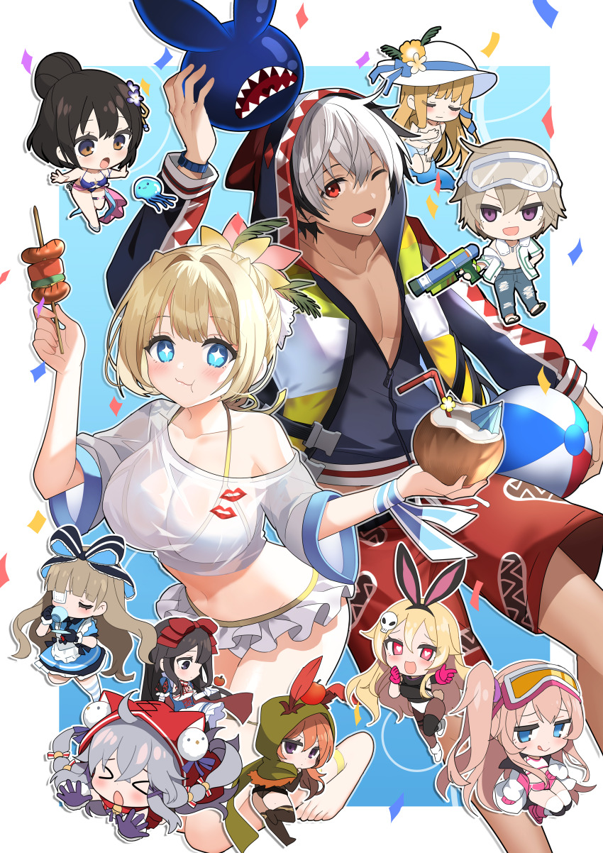 >_<, absurdres, alice's_adventures_in_wonderland, anastasia_(brown_dust), anastasia_(fire_graffiti)_(brown_dust), angelica_(brown_dust), angelica_(pool_party)_(brown_dust), animal_ears