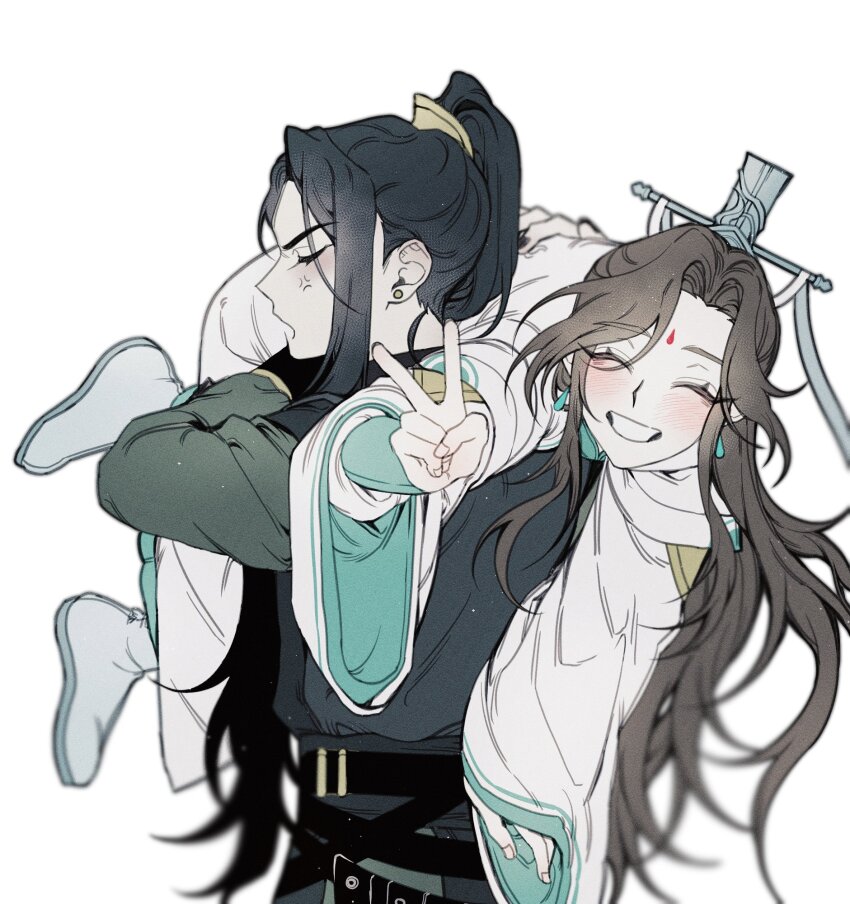 1boy, 1girl, anger_vein, belt, bisu_(hw3op), black_belt, black_hair, black_nails