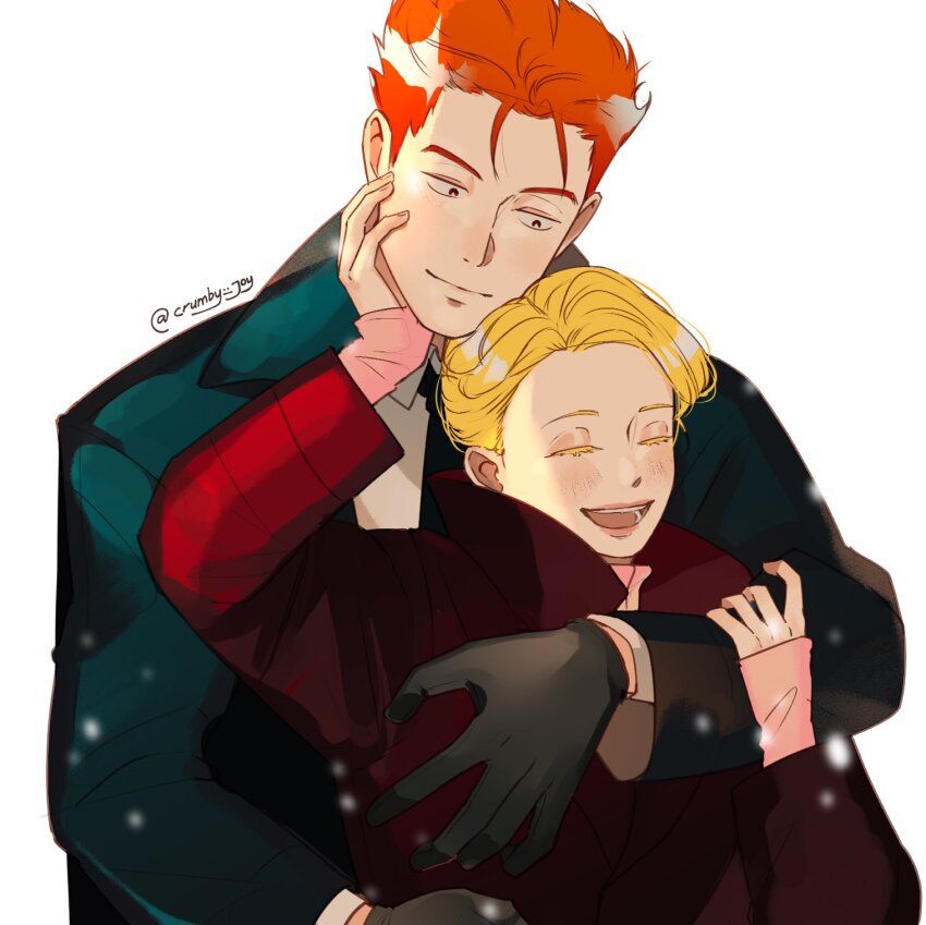 1boy, 1girl, alexander_(veil), black_gloves, black_necktie, blonde_hair, blue_coat, blush