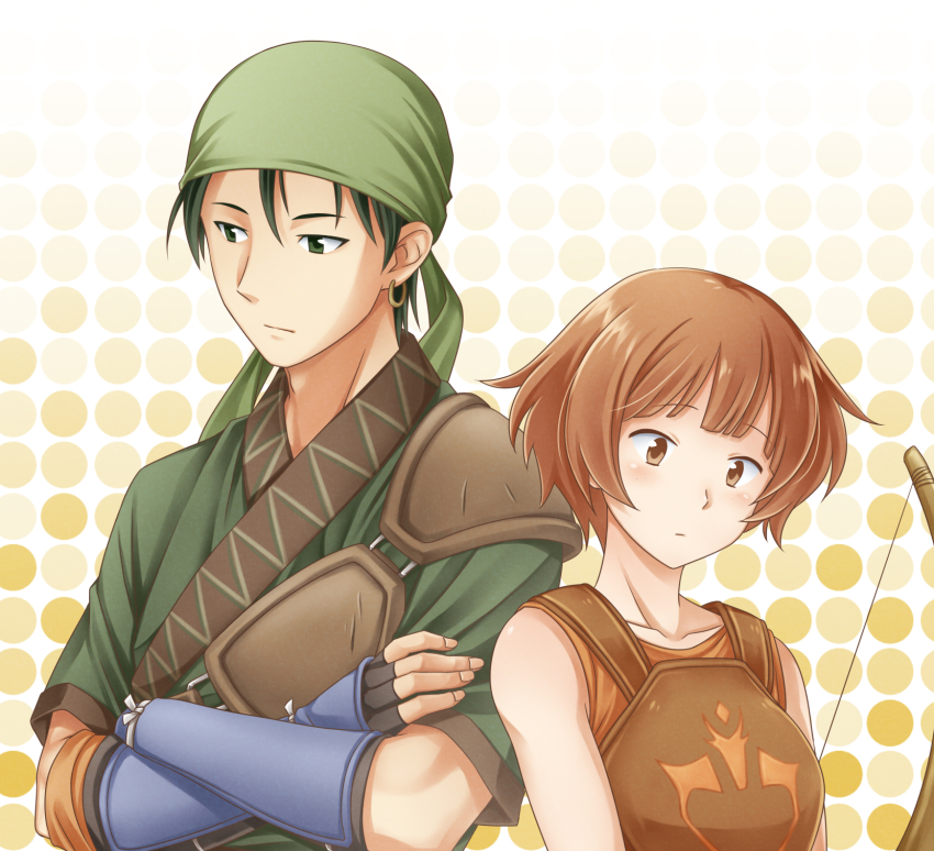 1boy, 1girl, bandana, bow_(weapon), brown_eyes, brown_hair, crossed_arms, dorothy_(fire_emblem)