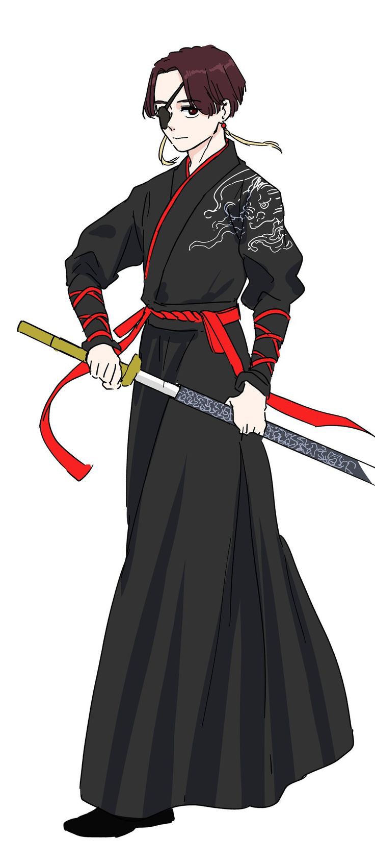 1boy, black_yukata, brown_hair, suo_hayato, highres, katana, long_hair, looking_at_viewer