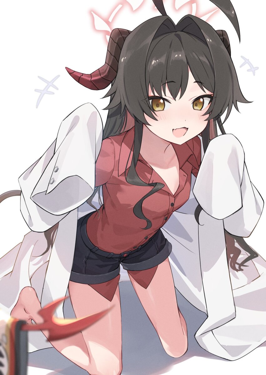 +++, 1girl, ahoge, armband, barefoot, black_hair, black_shorts, blue_archive