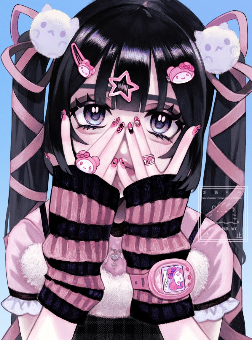 1girl, aegyo_sal, animal_hair_ornament, arm_warmers, bandaid, bandaid_on_hand, black_hair, commentary