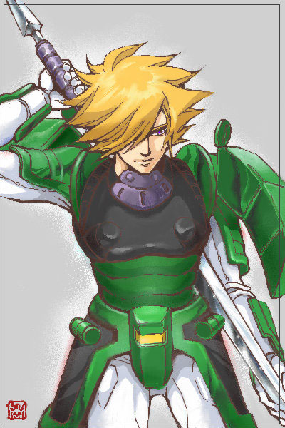 1980s_(style), 1990s_(style), 1boy, armor, bad_id, bad_pixiv_id, blonde_hair, date_seiji, hair_over_one_eye, male_focus, retro_artstyle, purple_eyes, yoroiden_samurai_troopers, solo, sunrise_(company), sword, weapon