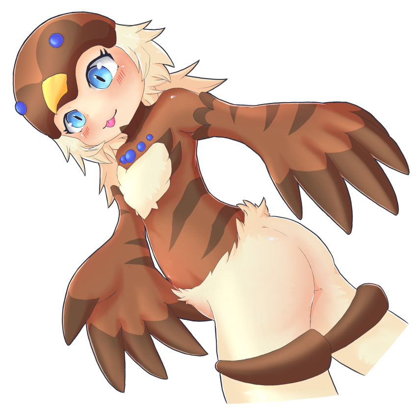 1girl, :3, ass, bird_hat, blonde_hair, blue_eyes, blush, brown_wings