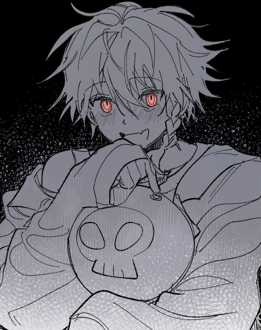 1boy, black_background, blush, bomb, braid, explosive, fang, grey_background