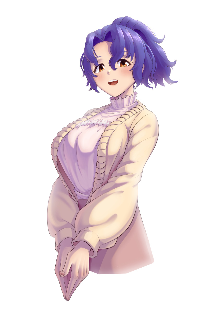 1girl, absurdres, blue_hair, breasts, brown_eyes, brown_jacket, brown_skirt, frills