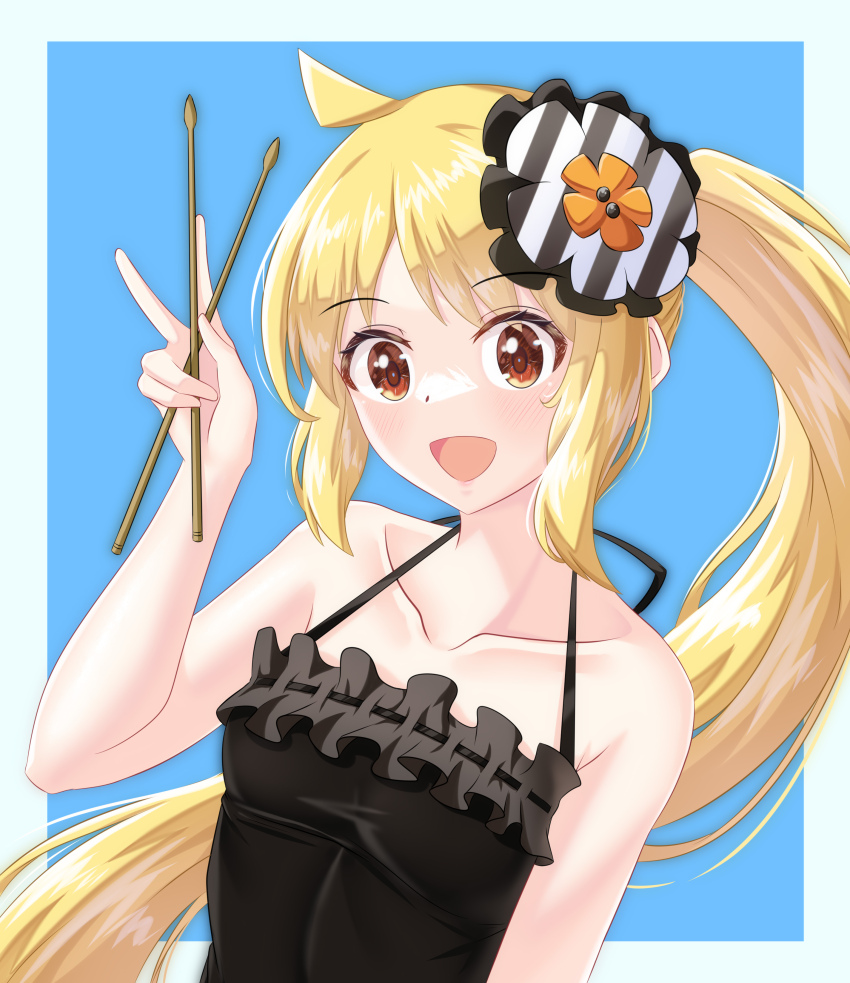 1girl, :d, absurdres, ahoge, arada_(corsair_zero), bare_shoulders, black_dress, blue_background