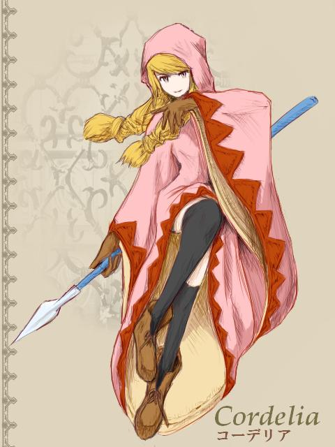 1girl, agga, black_socks, blonde_hair, boots, female_focus, final_fantasy, final_fantasy_tactics, full_body, gloves, hood, long_hair, polearm, robe, socks, solo, spear, weapon, white_mage, white_mage_(fft), white_mage_(final_fantasy)