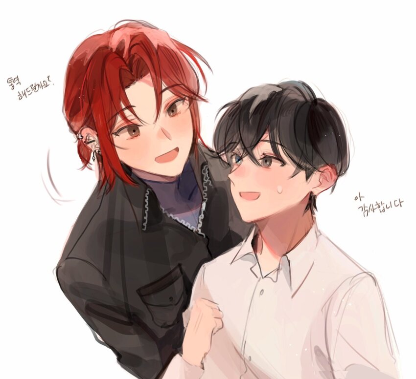 2boys, bad_id, bad_twitter_id, black_hair, blue_eyes, brown_eyes, collared_shirt, eoduun_badaui_deungbul-i_doeeo