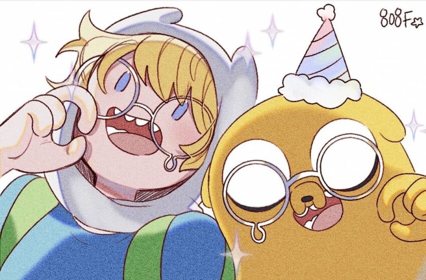 2boys, adventure_time, bad_id, bad_twitter_id, blonde_hair, blue_eyes, blue_shirt, finn_the_human, glasses, hat, jake_the_dog, looking_at_viewer, male_focus, multiple_boys, open_mouth, party_hat, round_eyewear, shirt, simple_background, smile, sparkle, suae, teardrop-framed_glasses, upper_body, white_background, white_headwear