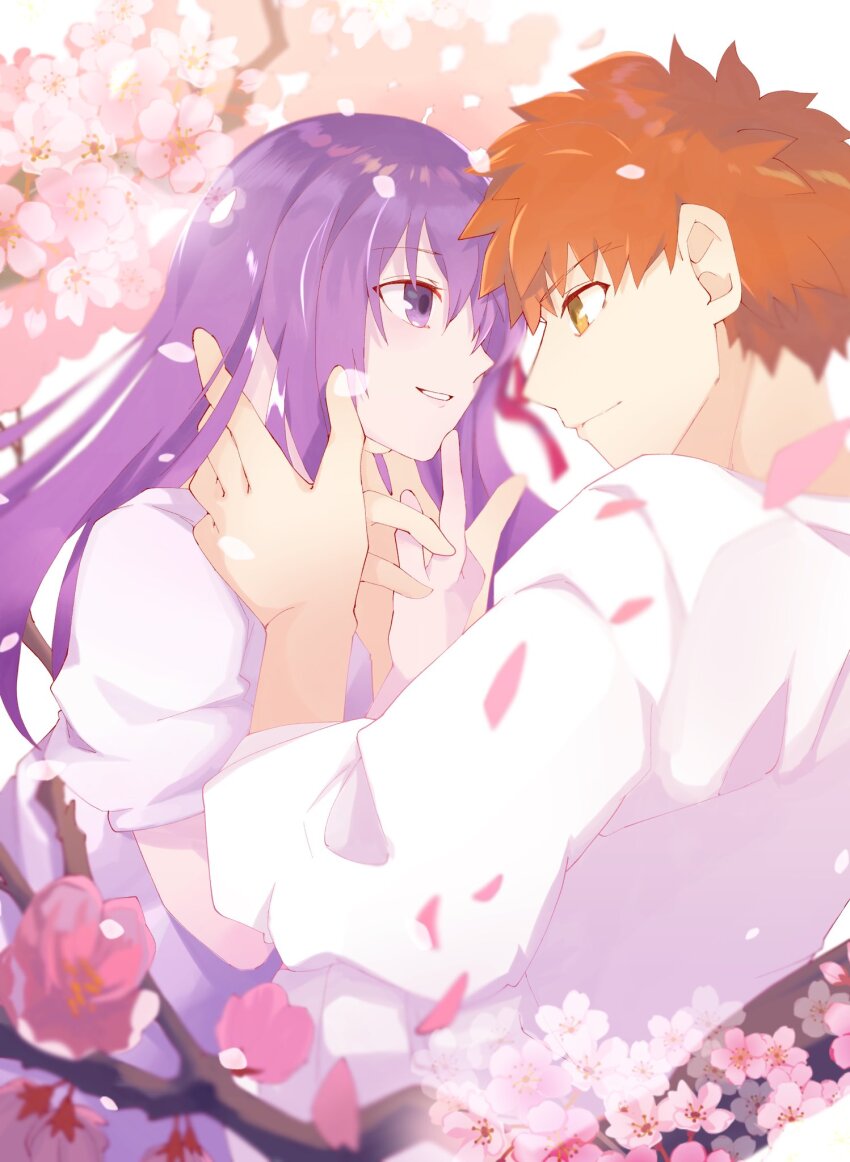 1boy, branch, cherry_blossoms, closed_mouth, day, emiya_shirou, emiya_shirou_(heaven's_feel), fate/stay_night