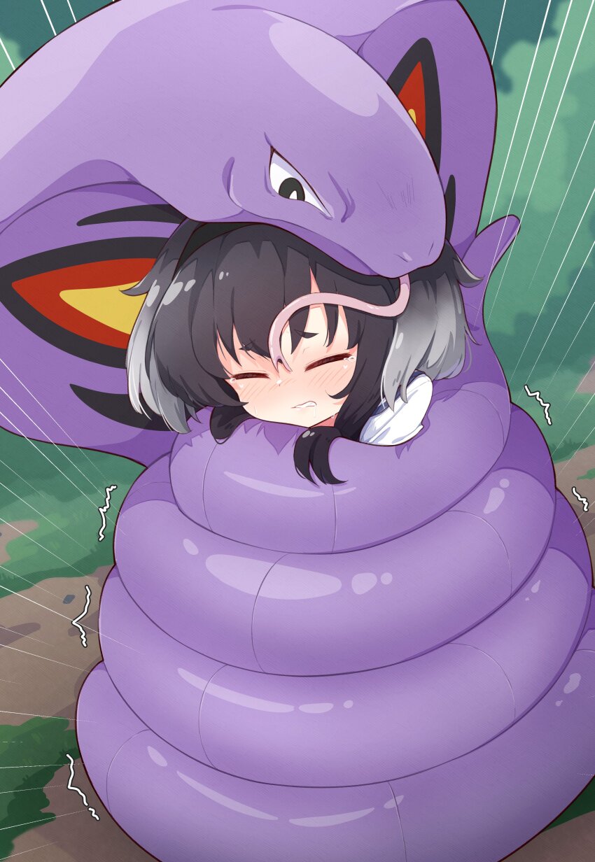 1girl, absurdres, arbok, black_eyes, black_hair, blush, closed_eyes, constriction
