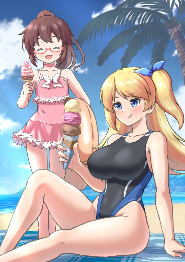 1boy, 1girl, :d, beach, beach_towel, blonde_hair, blue_eyes, blush, breasts, brown_hair, closed_eyes, competition_swimsuit, crossdressing, food, furuyama_satsuki, ginyose_uzuki, glasses, graze_counter, hair_ribbon, highleg, highleg_one-piece_swimsuit, ice_cream, innertube, inumaru75707951, large_breasts, long_hair, one-piece_swimsuit, one_side_up, open_mouth, palm_tree, ponytail, ribbon, semi-rimless_eyewear, sitting, smile, swim_ring, swimsuit, towel, trap, tree