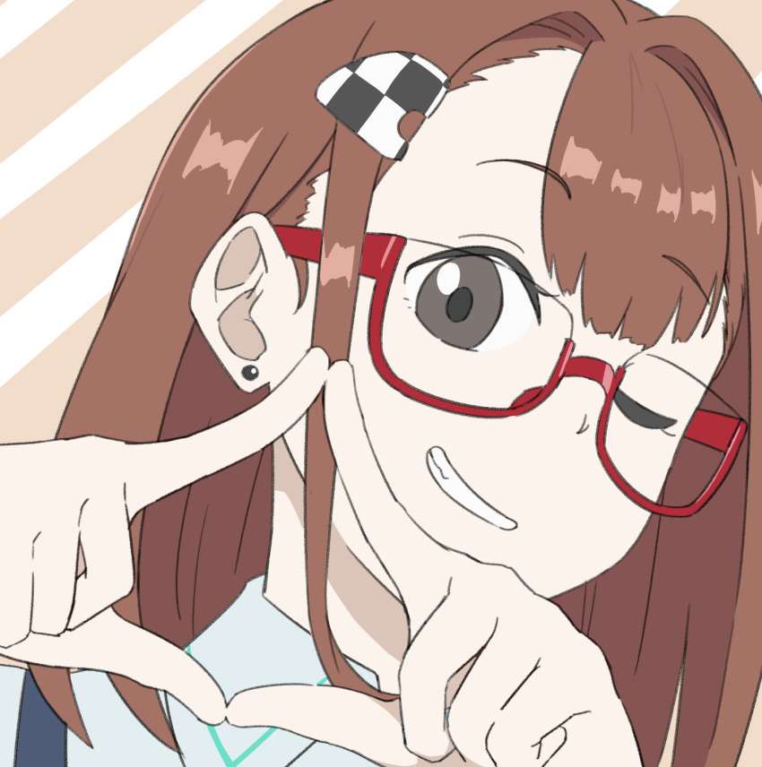 1girl, brown_hair, checkered_hair_ornament, commentary_request, double-parted_bangs, earrings, grey_eyes, grin