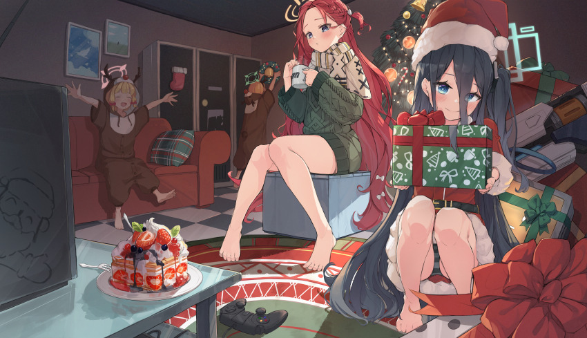 4girls, absurdly_long_hair, absurdres, animal_costume, antlers, aris_(blue_archive), ass, barefoot
