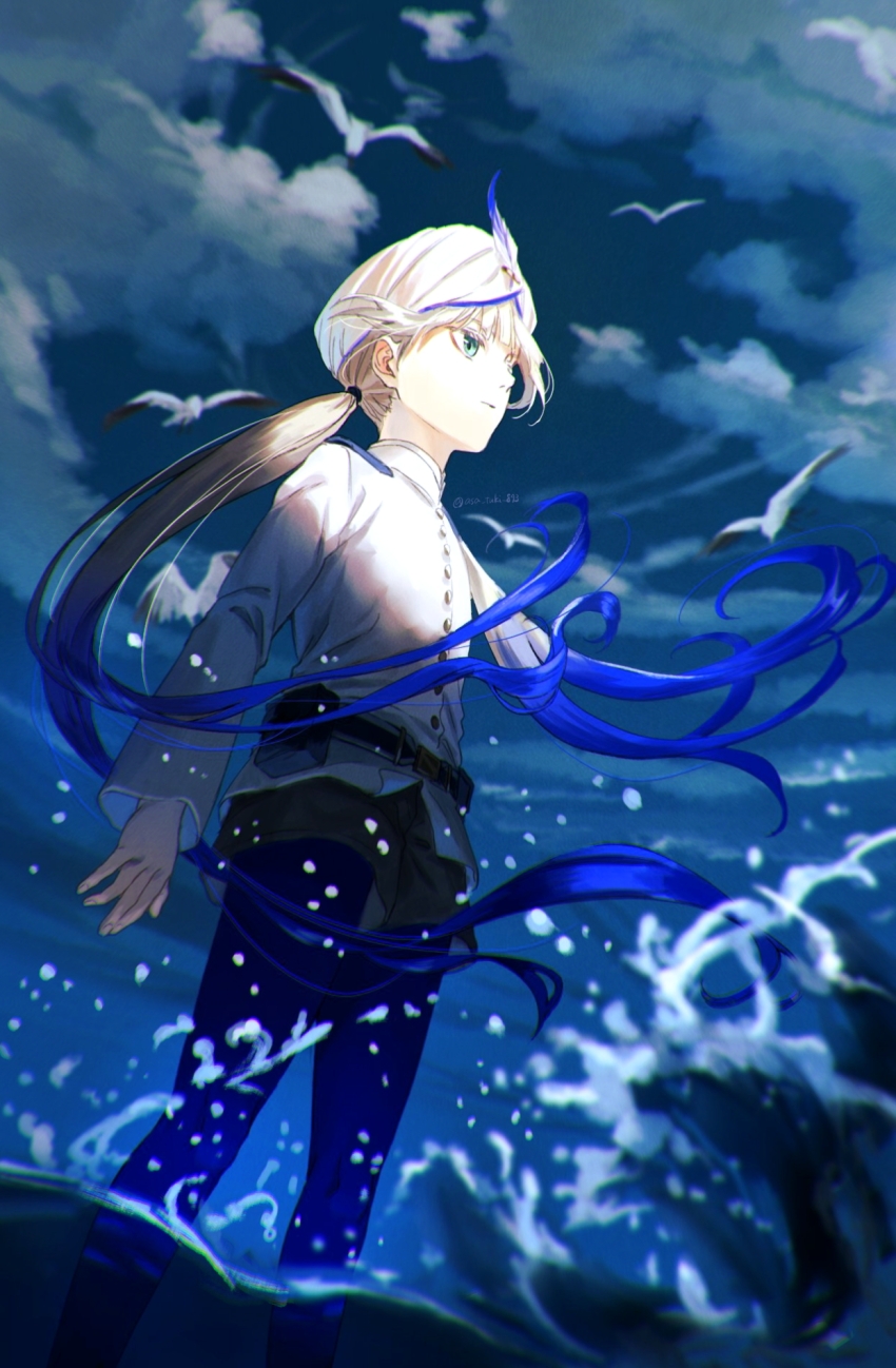1boy, arms_at_sides, asa_tuki_893, belt, bird, black_shorts, blonde_hair, blue_eyes
