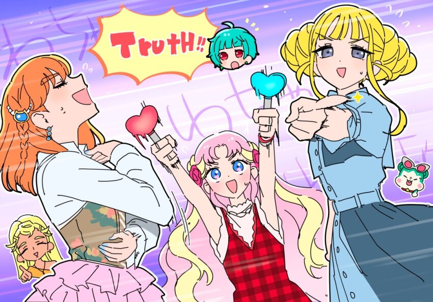 5girls, :d, arms_up, blonde_hair, blue_dress, blue_eyes, blue_hair, blunt_bangs