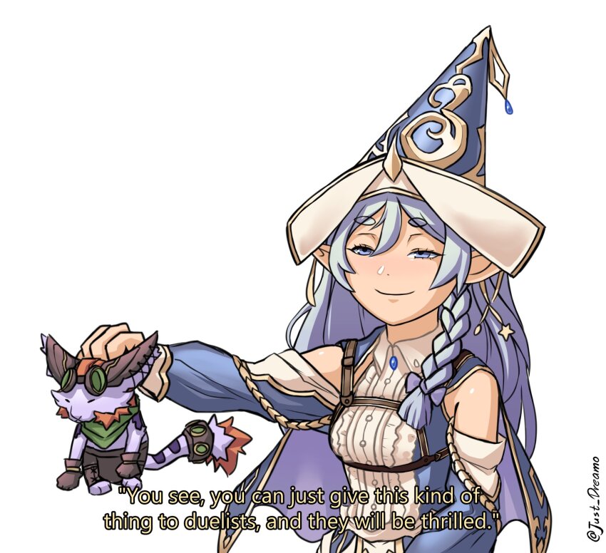 1girl, 1other, bare_shoulders, blue_dress, blue_eyes, blue_hair, braid, cat