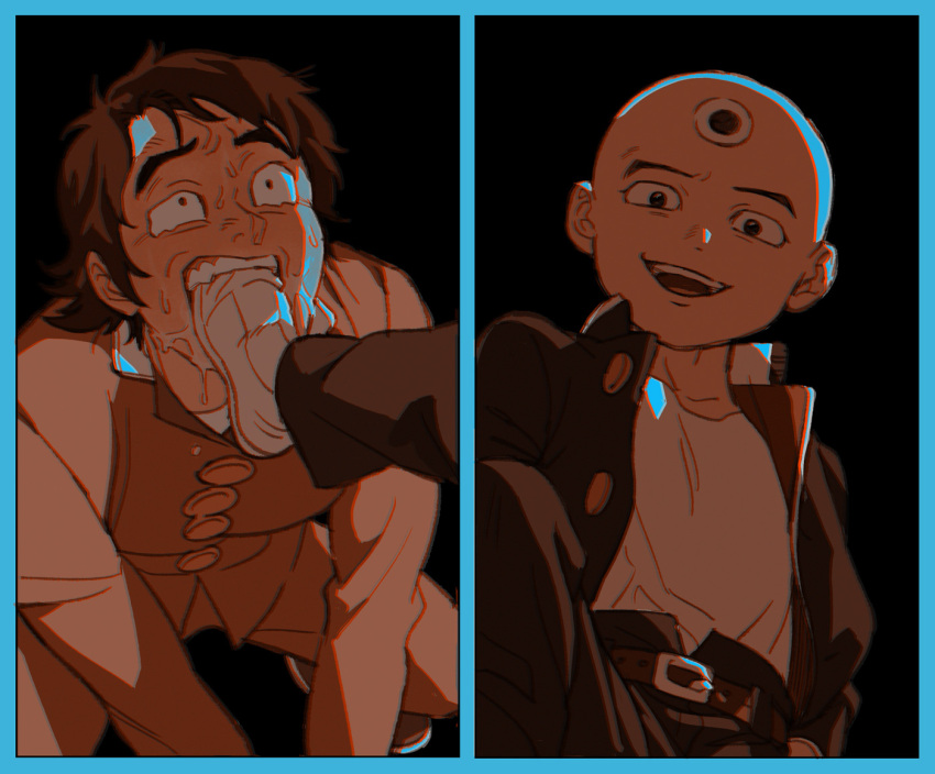 2boys, bald, belt, black_background, black_jacket, black_pants, blue_border, border