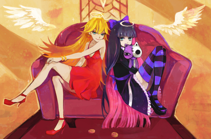 10s, 2girls, angel_wings, black_hair, blonde_hair, blue_eyes, blunt_bangs, bow, bracelet, clona, couch, crossed_legs, dress, earrings, feathered_wings, frilled_skirt, frills, green_eyes, hair_bow, halo, hime_cut, honekoneko, honekoneko_(psg), hoop_earrings, jewelry, long_hair, looking_at_viewer, multicolored_hair, multiple_girls, narcolepsy, panty_&amp;_stocking_with_garterbelt, panty_(psg), pink_hair, platform_footwear, purple_hair, red_dress, red_footwear, shoes, short_dress, siblings, sisters, sitting, skirt, smile, sparkle, stocking_(psg), striped_clothes, striped_legwear, striped_thighhighs, sundress, thighhighs, traditional_halo, two-tone_hair, very_long_hair, wings