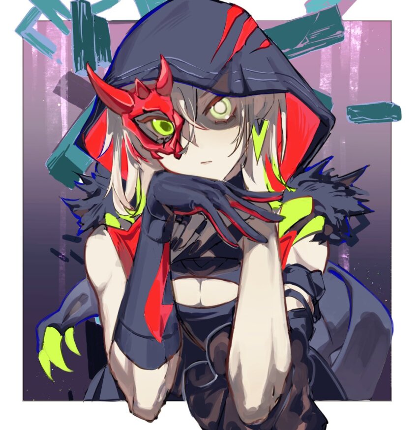 1girl, breasts, cleavage, cleavage_cutout, clothing_cutout, colored_tips, detached_sleeves, diabellstar_the_black_witch