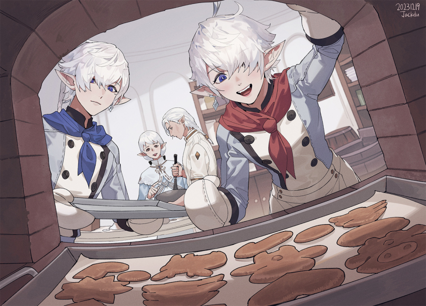 2boys, 2girls, :d, ahoge, alisaie_leveilleur, alphinaud_leveilleur, alternate_costume, ameliance_leveilleur, apron, artist_name, baking, blue_eyes, blue_neckerchief, bowl, braid, braided_ponytail, buttons, byuub, capelet, collared_capelet, cookie, dated, day, earclip, earrings, elezen, elf, family, final_fantasy, final_fantasy_xiv, fisheye, food, fourchenault_leveilleur, gingerbread_cookie, hair_over_one_eye, holding, holding_bowl, holding_whisk, indoors, jewelry, long_sleeves, medium_hair, multiple_boys, multiple_girls, neckerchief, one_eye_covered, open_mouth, oven, oven_interior, oven_mitts, pointy_ears, red_neckerchief, shelf, siblings, signature, single_braid, single_earring, slice_of_life, smile, standing, swept_bangs, tray, twins, whisk, white_capelet, white_hair