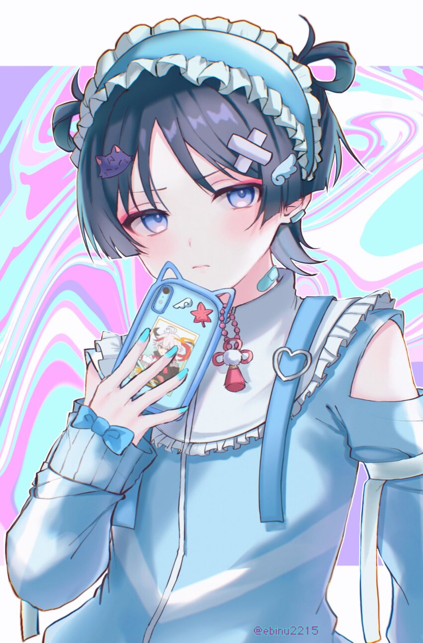 1boy, aqua_nails, artist_name, bandaid, bandaid_on_neck, black_hair, blue_eyes, blue_sweater, blush, cat_hair_ornament, cellphone, closed_mouth, earrings, ebinu2215, genshin_impact, hair_between_eyes, hair_ornament, hairband, highres, holding, holding_phone, jewelry, kaedehara_kazuha, long_sleeves, male_focus, phone, scaramouche_(cat)_(genshin_impact), scaramouche_(genshin_impact), shirt, short_hair, smartphone, solo, sweater, tassel, tenshi_kaiwai, trap, twitter_username, x_hair_ornament
