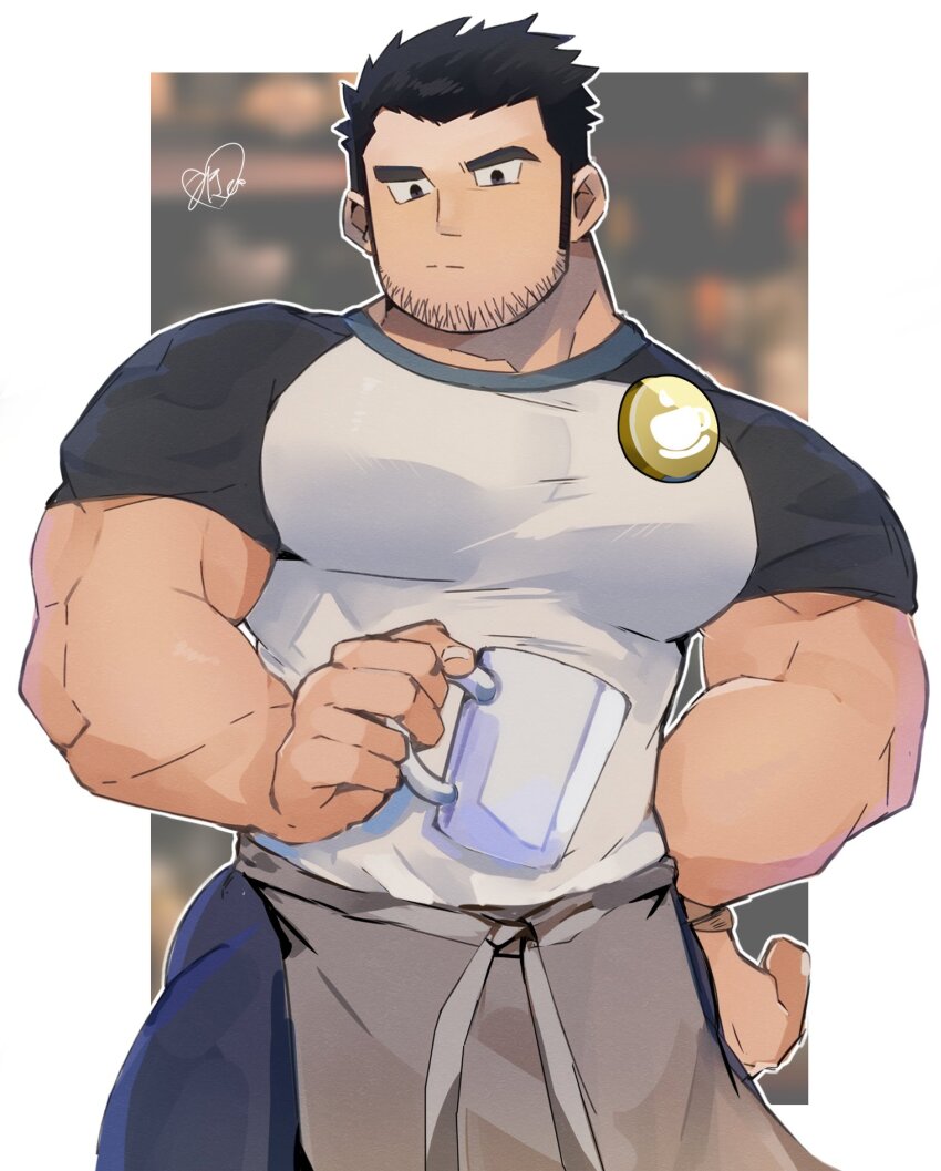 1boy, apron, bara, black_hair, black_pants, black_shirt, brown_apron, closed_mouth
