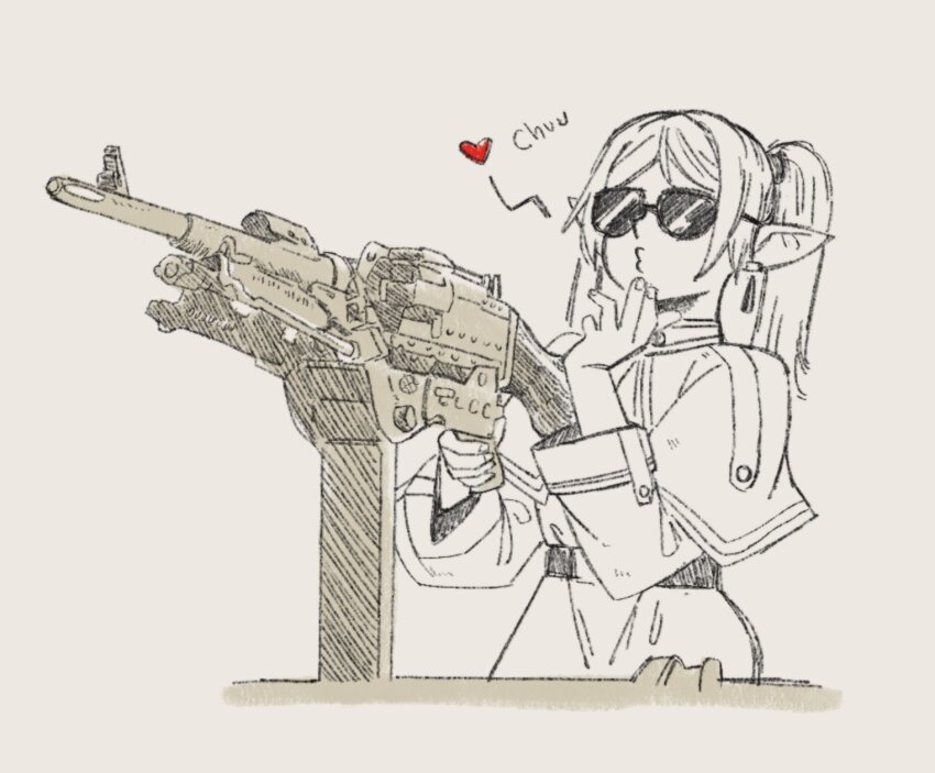 1girl, belt, capelet, commentary, cowboy_shot, earrings, elf, english_commentary, fn_mag, frieren, gun, heart, highres, holding, holding_gun, holding_weapon, jacket, jewelry, long_hair, long_sleeves, monochrome, parted_bangs, photo-referenced, pointy_ears, puckered_lips, sebinks, simple_background, sketch, skirt, skirt_set, solo, sousou_no_frieren, standing, sunglasses, twintails, weapon, wide_sleeves