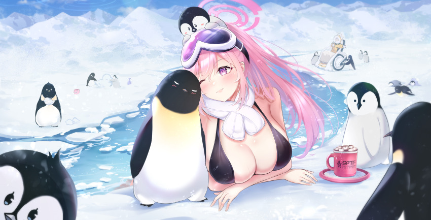 2girls, absurdres, animal, animal_on_head, bikini, bird, bird_on_head, black_bikini