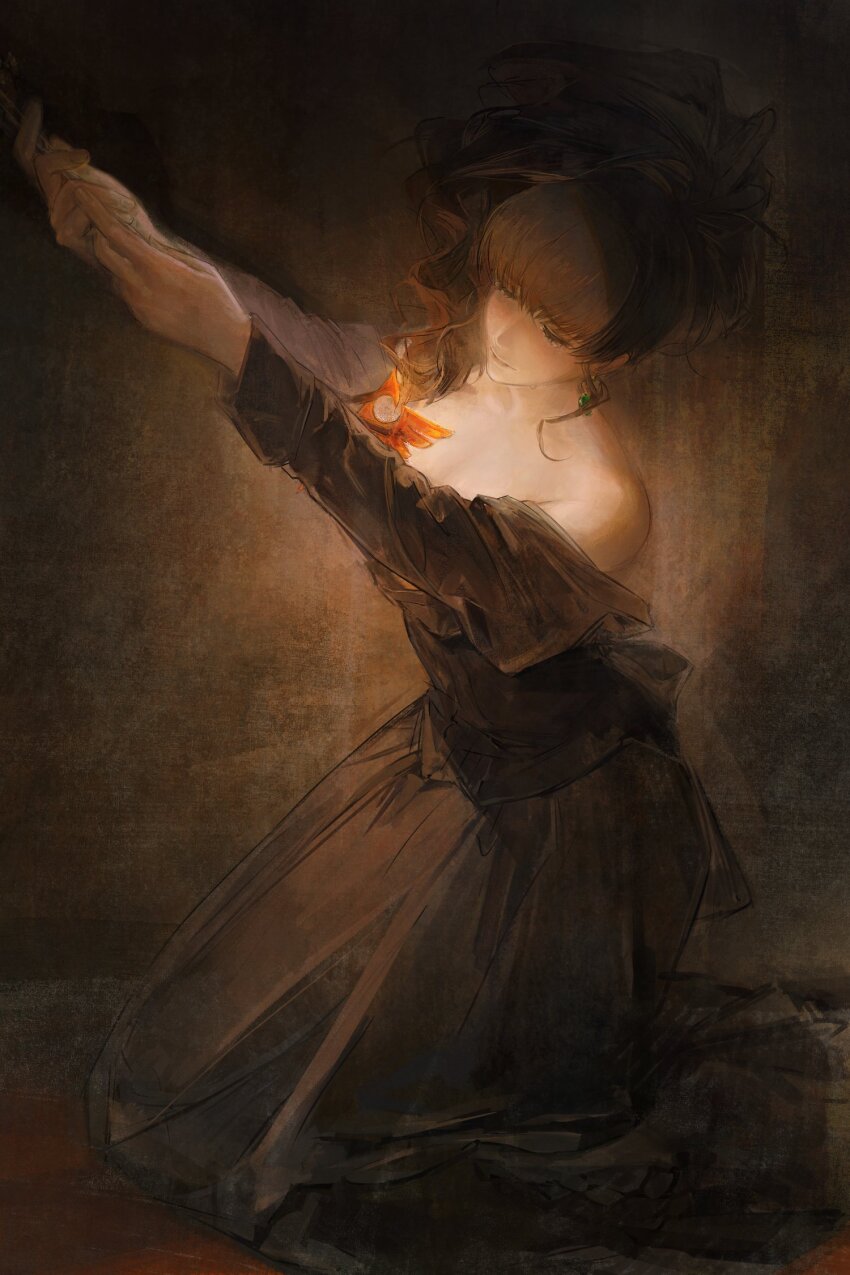 1girl, bare_shoulders, branding, branding_iron, brown_hair, closed_eyes, commentary_request, crying