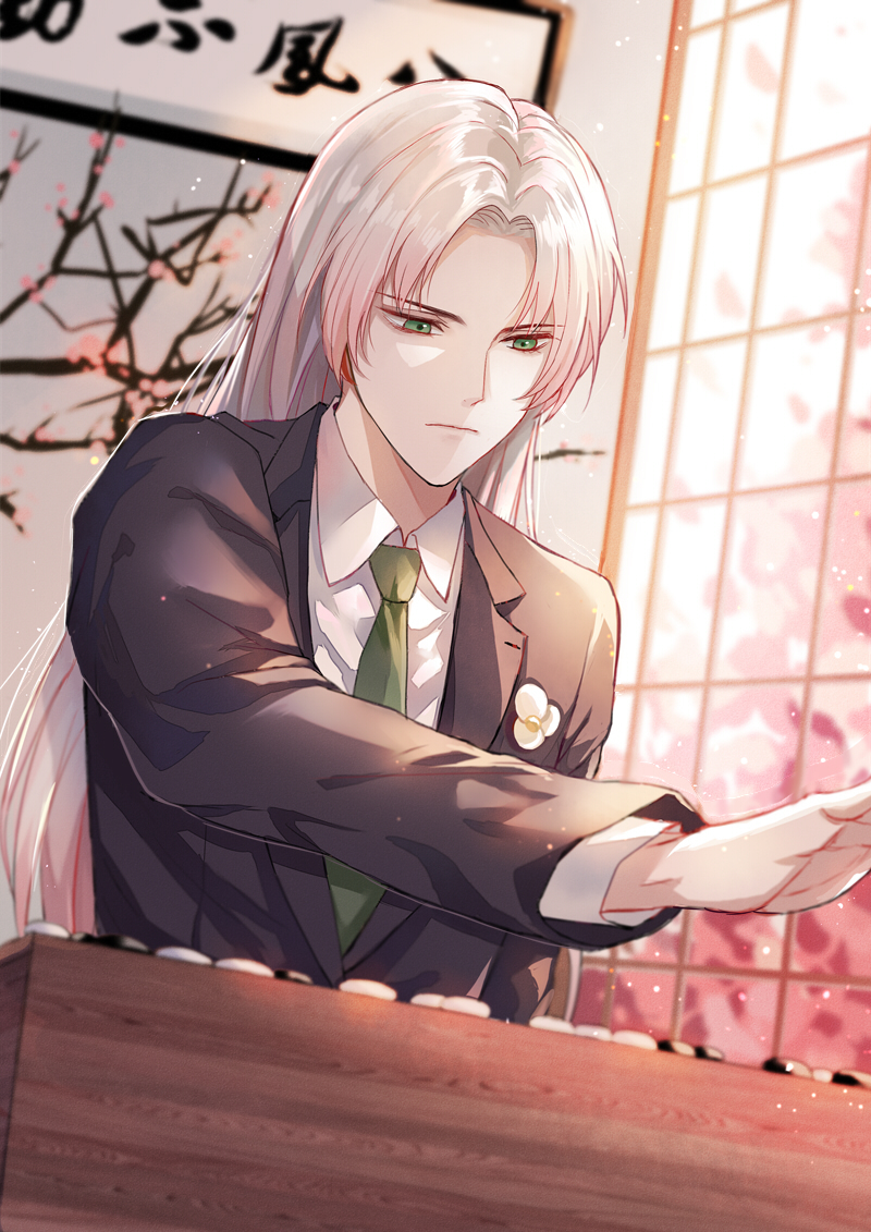 1boy, aguaaaaaa, alternate_costume, black_jacket, board_game, boutonniere, branch, chinese_commentary, closed_mouth, collared_shirt, curtained_hair, flower, go_(board_game), gradient_hair, green_eyes, green_necktie, indoors, jacket, lapels, long_hair, long_sleeves, longjing_shrimp_(the_tale_of_food), looking_down, male_focus, multicolored_hair, necktie, notched_lapels, parted_bangs, pink_flower, pink_hair, playing_games, serious, shirt, solo, suit_jacket, the_tale_of_food, upper_body, white_flower, white_hair, white_shirt, window