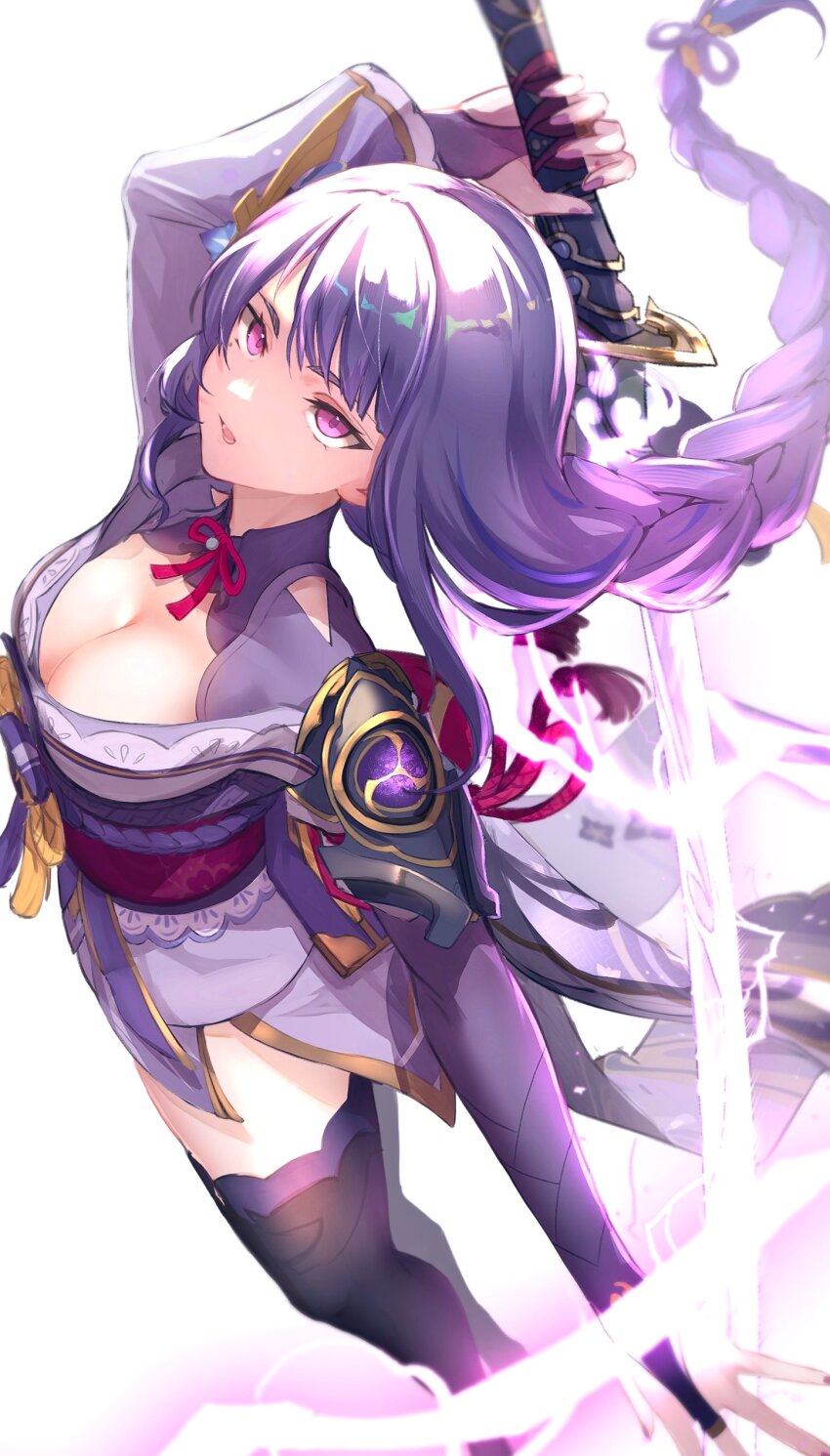 1girl, absurdres, blush, braid, breasts, bridal_gauntlets, cleavage, drawing_sword